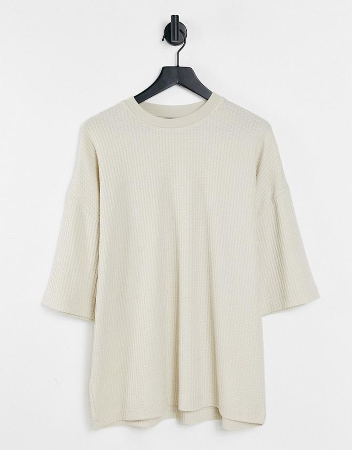 Asos Design Oversized Half Sleeve Heavyweight Waffle T-shirt In Beige-neutral