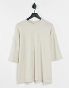 Asos Design Oversized Half Sleeve Heavyweight Waffle T-shirt In Beige-neutral