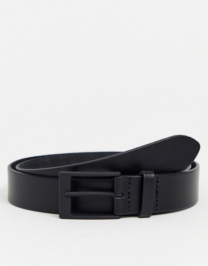 Asos Design Leather Slim Belt In Vintage Black With Matte Black Buckle