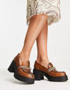 Asos Design Spicy Chunky Mid Heeled Loafers With Chain In Tan Snake-brown