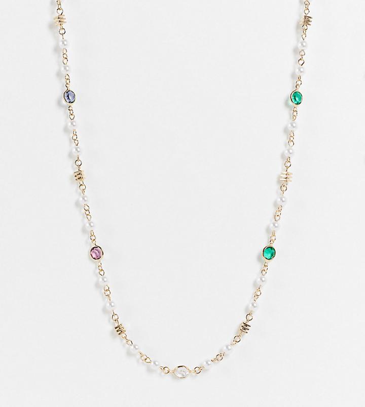 Reclaimed Vintage Inspired Wrap Around Necklace With Jewel Stones In Faux Pearl And Gold