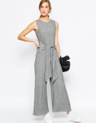 Asos Jumpsuit In Rib With Tie Waist And Wide Leg - Gray