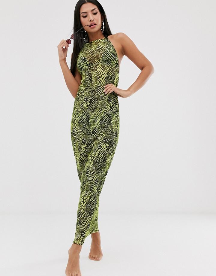 Asos Design Neon Reptile Print Jersey Mesh Beach Maxi Dress With Cowl Neck & Rope Tie - Multi