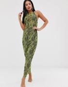 Asos Design Neon Reptile Print Jersey Mesh Beach Maxi Dress With Cowl Neck & Rope Tie - Multi