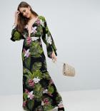Asos Design Tall Dark Tropical Palm Print Long Sleeve Plunge Beach Maxi Dress - Multi