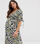 Influence Maternity Wrap Mini Dress In Zebra Print-black