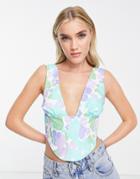 Asos Design Plunge Front Top With Corset Waist In Lilac & Green Floral-multi