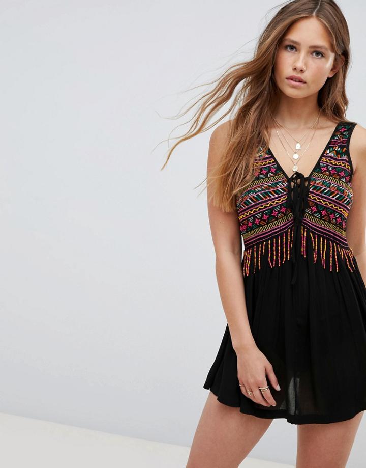 Asos Design Contrast Stitch Bead Embroidered Lace Up Beach Dress-multi