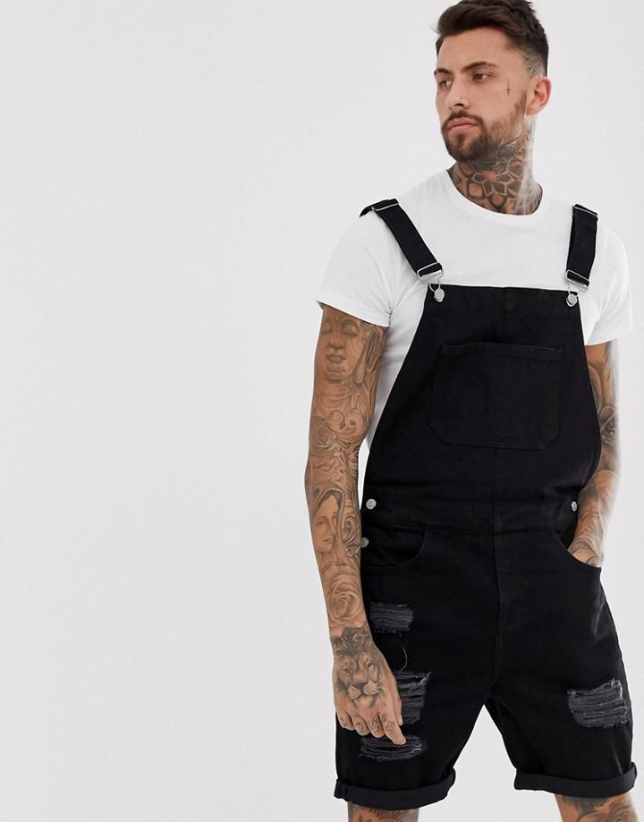 Asos Design Denim Overall Shorts In Black With Heavy Rips - Black
