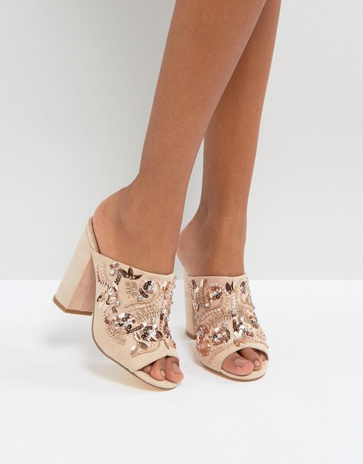 New Look Embellished Heeled Mule Sandals - Beige