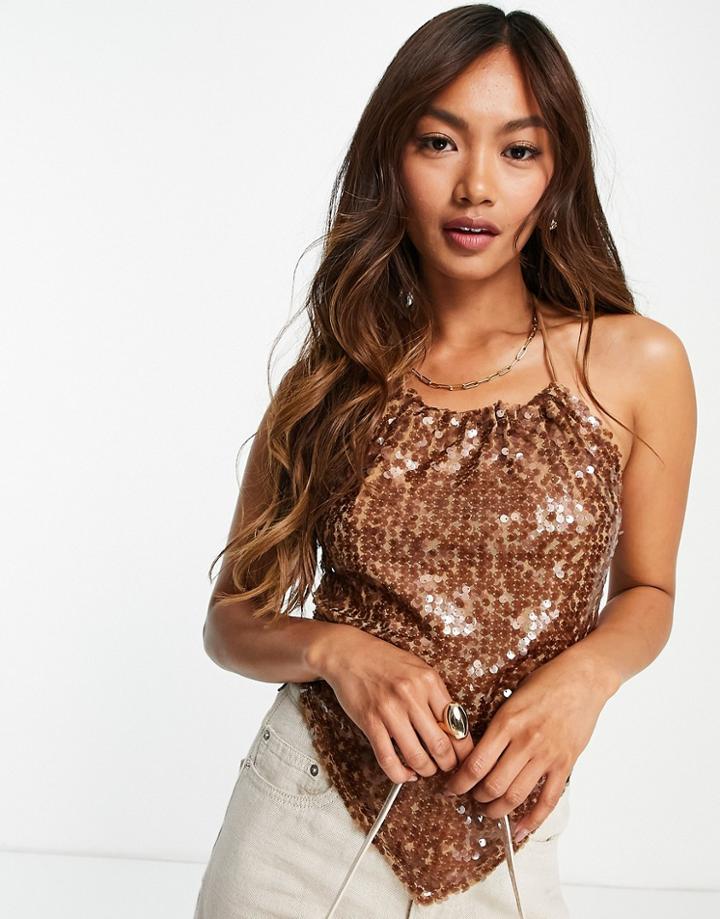 River Island Sequin Embellished Halterneck Hanky Top In Brown