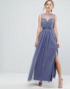 Little Mistress Sweetheart Mesh Maxi Dress With Embroidered Trim-purple