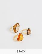 Asos Design Pack Of 3 Rings With Desert Tone Clear Resin In Gold Tone - Gold