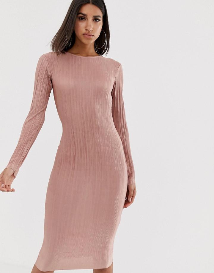 In The Style Plisse Long Sleeve Midi Dress - Pink