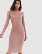 In The Style Plisse Long Sleeve Midi Dress - Pink