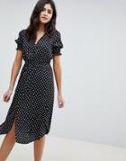Influence Shirred Sleeve Polka Dot Midi Dress - Black