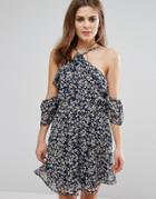 Influence Floral Strappy Ruffle Dress - Black
