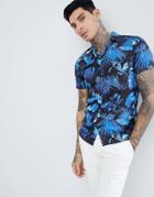 Twisted Tailor Skinny Short Sleeve Revere Shirt With Print - Blue