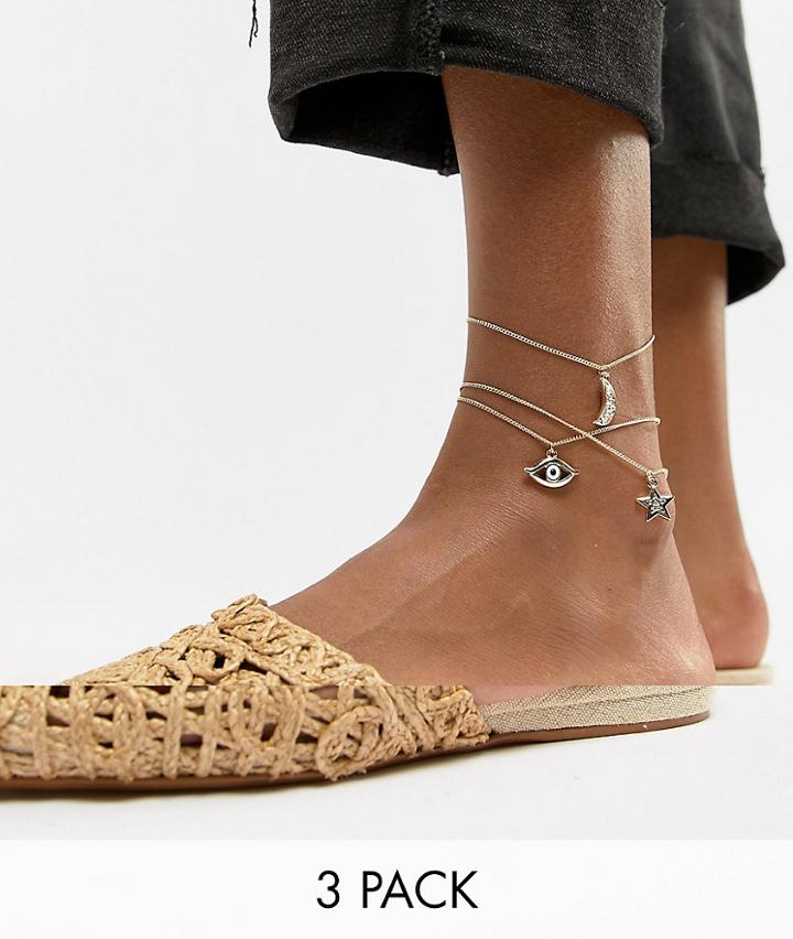 Asos Design Pack Of 3 Anklets With Multi Charms In Gold - Gold