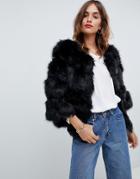 Jayley Luxurious Chevron Stripe Fur Jacket - Black