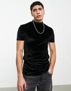 Asos Design Muscle T-shirt In Black Velour With Turtle Neck