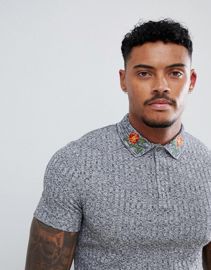 Asos Design Muscle Polo In Twisted Rib Fabric With Rose Collar Embroidery - Gray