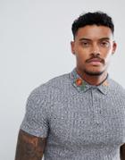Asos Design Muscle Polo In Twisted Rib Fabric With Rose Collar Embroidery - Gray