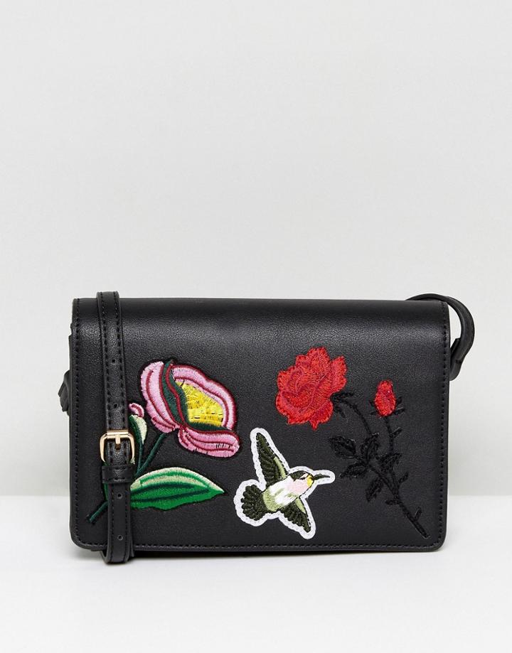 Liquorish Floral Embroidered Crossbody Bag - Black