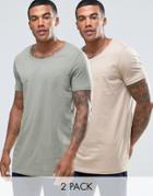 Asos 2 Pack Longline T-shirt With Raw Scoop Neck In Beige/green - Multi