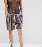 Asos Design Tall Festival Slim Shorts With Elasticated Waistband In Geo-tribal Stripe - Gray