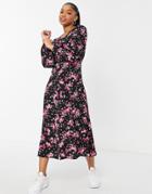 New Look V-neck Button Through Midi Dress In Black & Pink Ditsy Floral