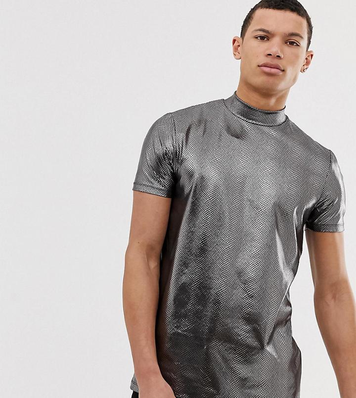 Asos Design Tall Festival T-shirt With Turtleneck In Animal Metallic - Silver