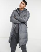 Soul Star Longline Tech Puffer Jacket In Gray-grey