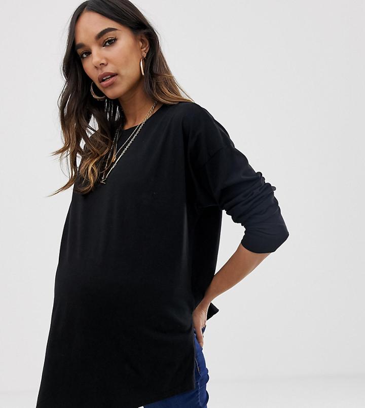 Asos Design Maternity Organic Cotton Long Sleeve Washed Oversized Long Sleeve Top In Black - Black