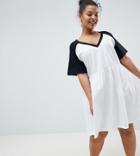 Asos Design Curve Smock Dress With V Neck And Contrast Sleeves - White