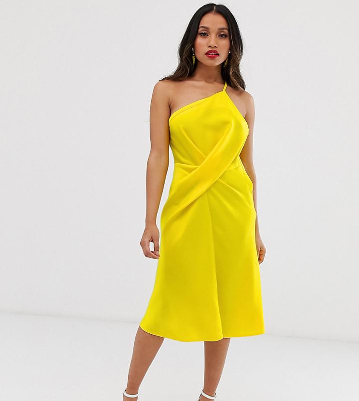 Asos Design Petite Midi Dress With One Shoulder In Satin-red