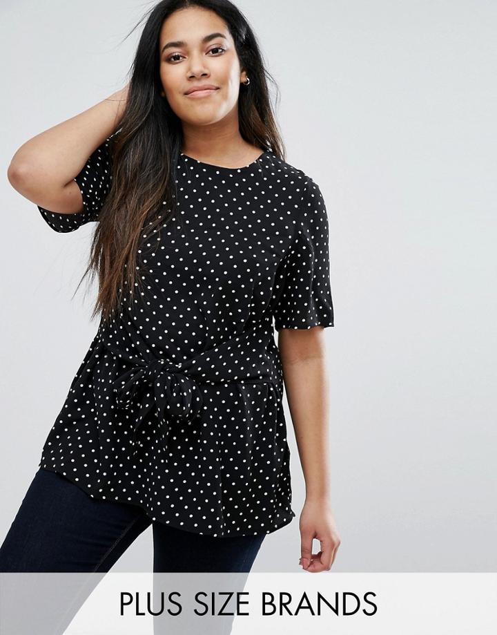 New Look Plus Polka Dot Knot Front Top - Black
