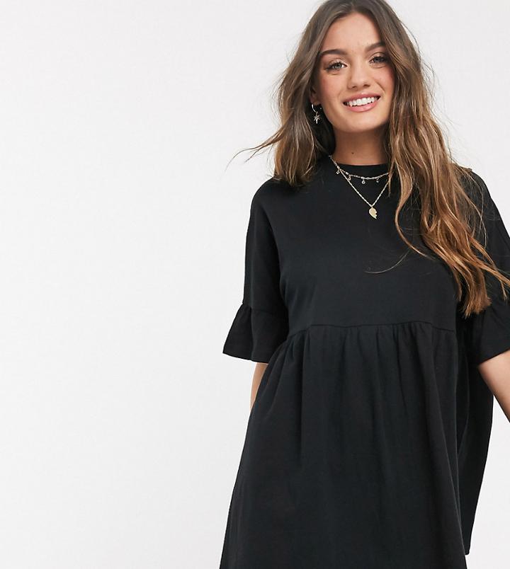 Asos Design Petite Super Oversized Frill Sleeve Smock Dress In Black