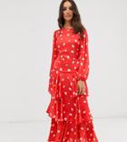 True Violet Exclusive Plunge Neck Midaxi Dress With Frill In Polka Dot - Multi