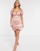 Rare London Puff Sleeve Mini Dress With Peplum Hem In Pink