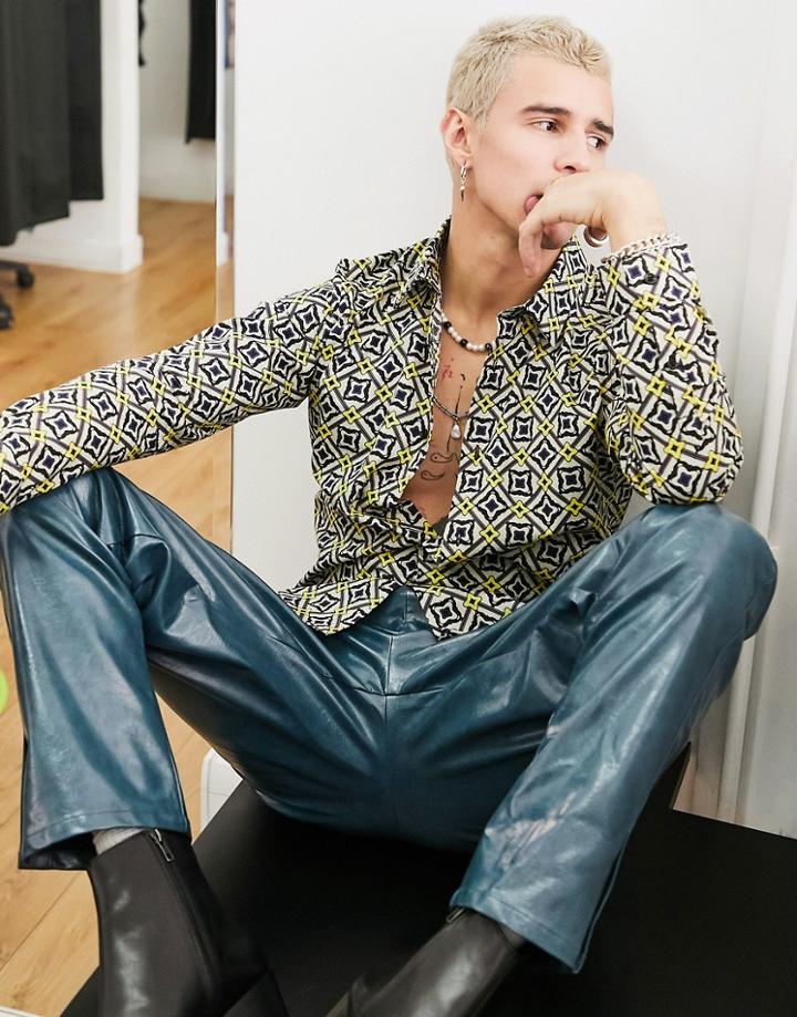 Devil's Advocate Yellow Tile Print Cotton Slim Fit Shirt