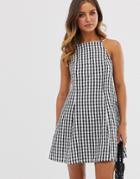 Asos Design High Neck Low Back Mini Sundress In Mono Gingham-multi