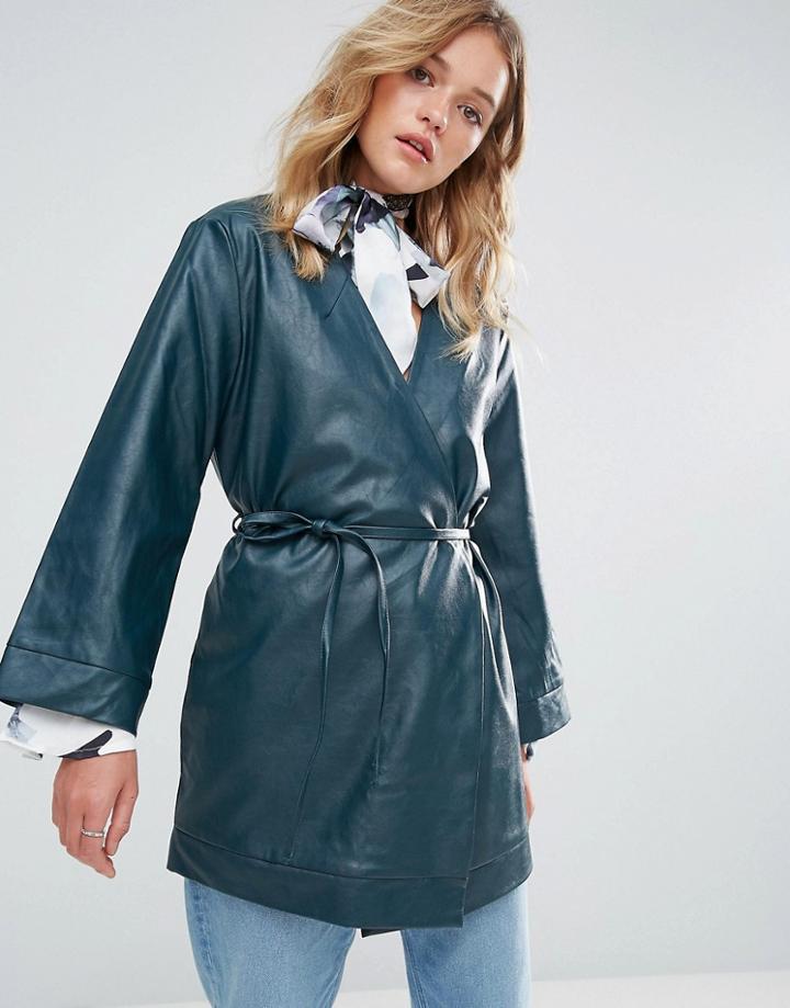 Neon Rose Leather Look Wrap Jacket Skinny Belt - Green