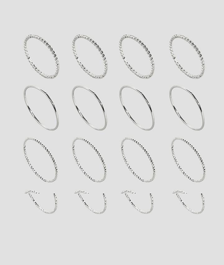 Asos Design Pack Of 16 Minimal Mixed Texture Rings - Silver