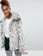 Monki Faux Fur Leopard Print Jacket In Black And White