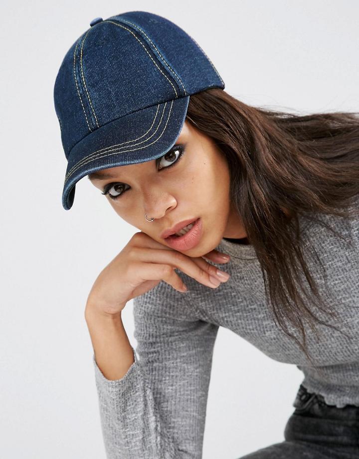 Asos Denim Baseball Cap With Top Stitching - Blue