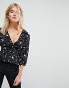 Motel Wrap Front Top With Ruffle In Star Print - Black