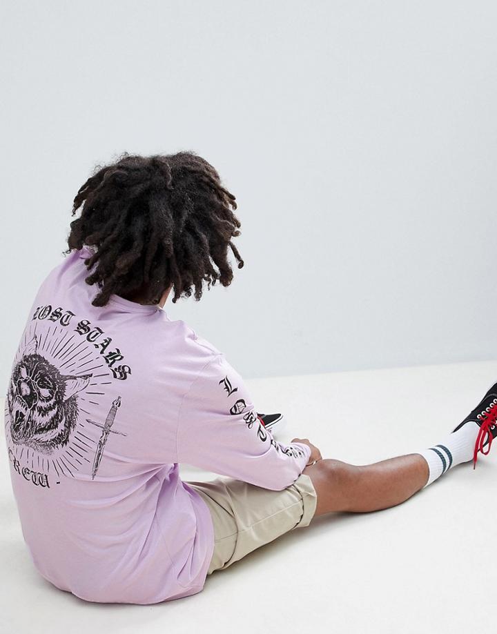 Asos Design Relaxed Long Sleeve T-shirt With Wolf Back Print - Purple