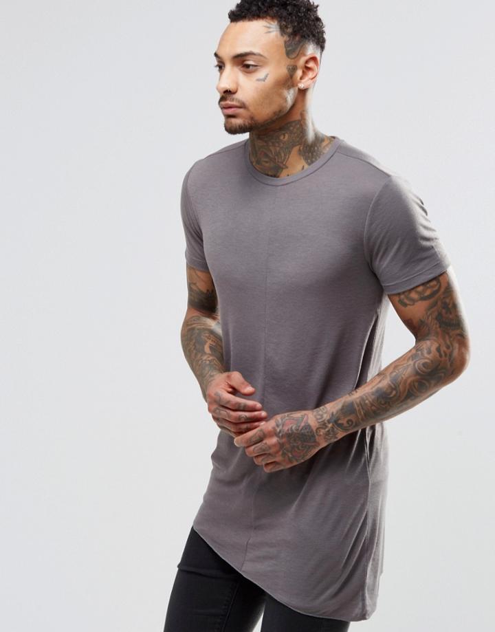 Asos Super Longline Muscle T-shirt In Slinky Rib With Asymmetric Hem - Smokey Gray