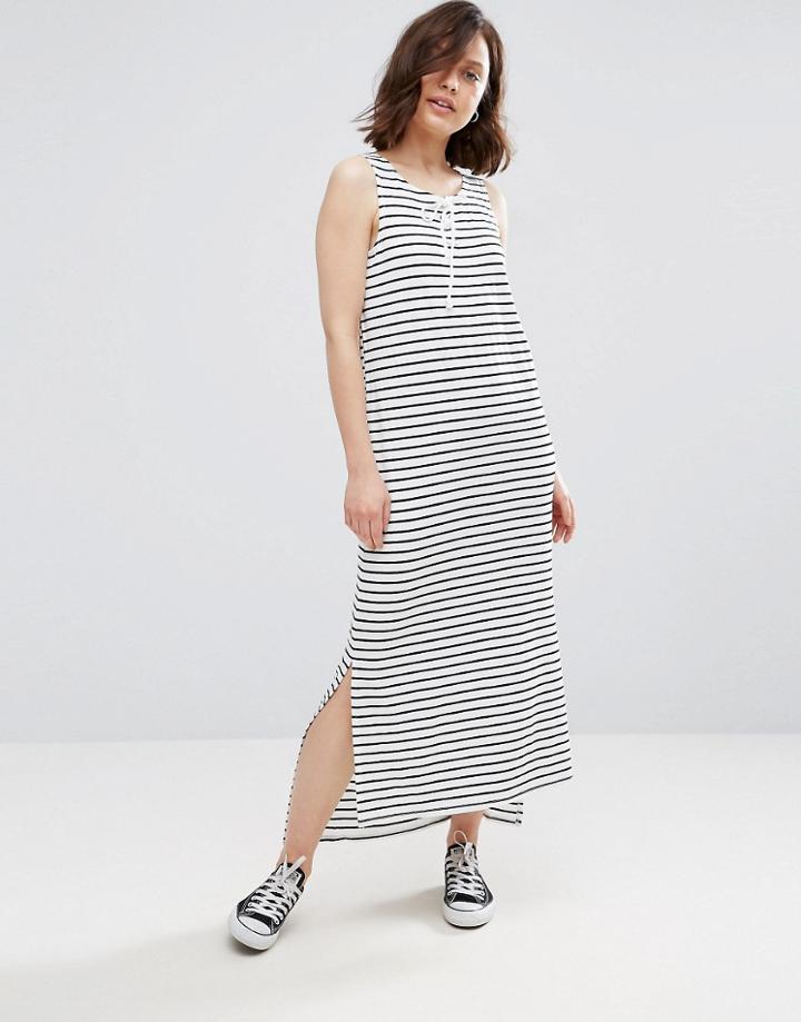 Brave Soul Stripe Lace Up Detail Maxi Dress - White
